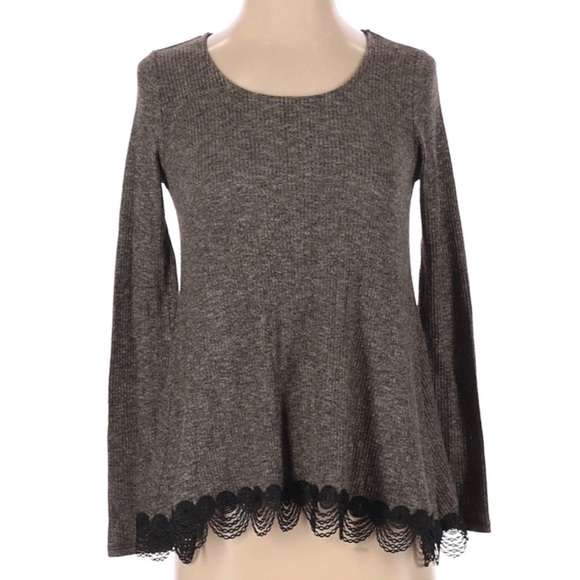 Quinn gray ribbed knit lightweight sweater black lace‎ trim size small - Picture 1 of 7